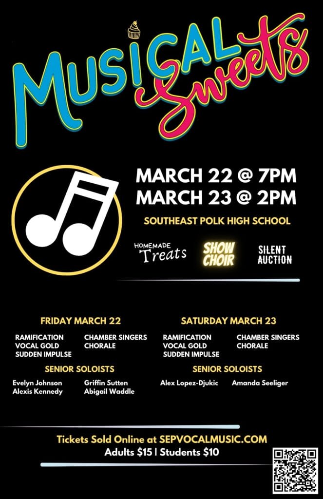 Musical Sweets Poster March 22 @ 7pm and March 23 @ 2pm. Tickets at sepvocalmusic.com