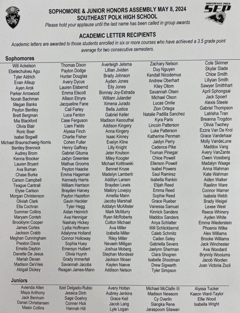 Sophomore and Junior Honors Winners List of Names