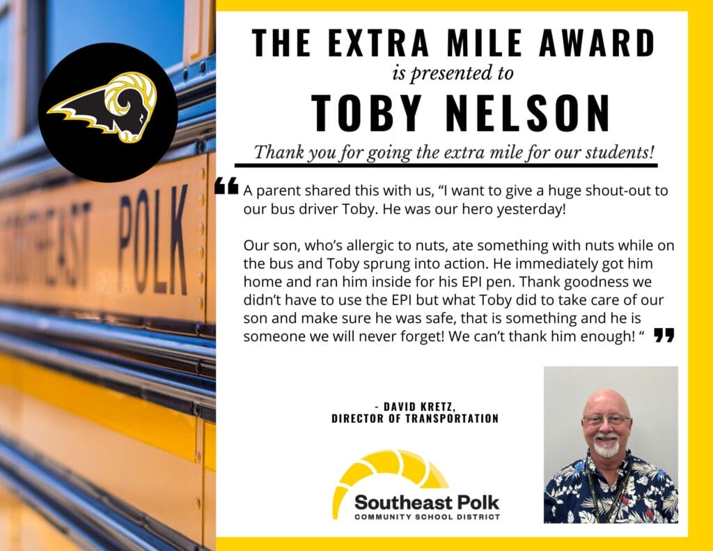 Toby Nelson Extra Mile Award Winner